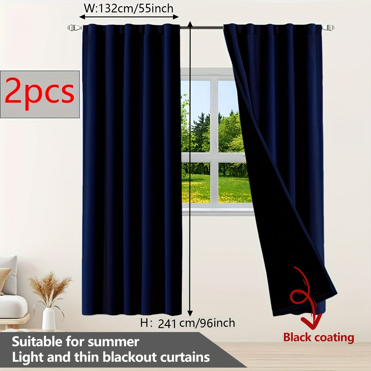 Two pieces of contemporary blackout curtains made from thermal insulated twill weave polyester. They are designed to reduce noise and block out light, making them perfect for the living room, bedroom, or study. These curtains feature a hook and ring rod