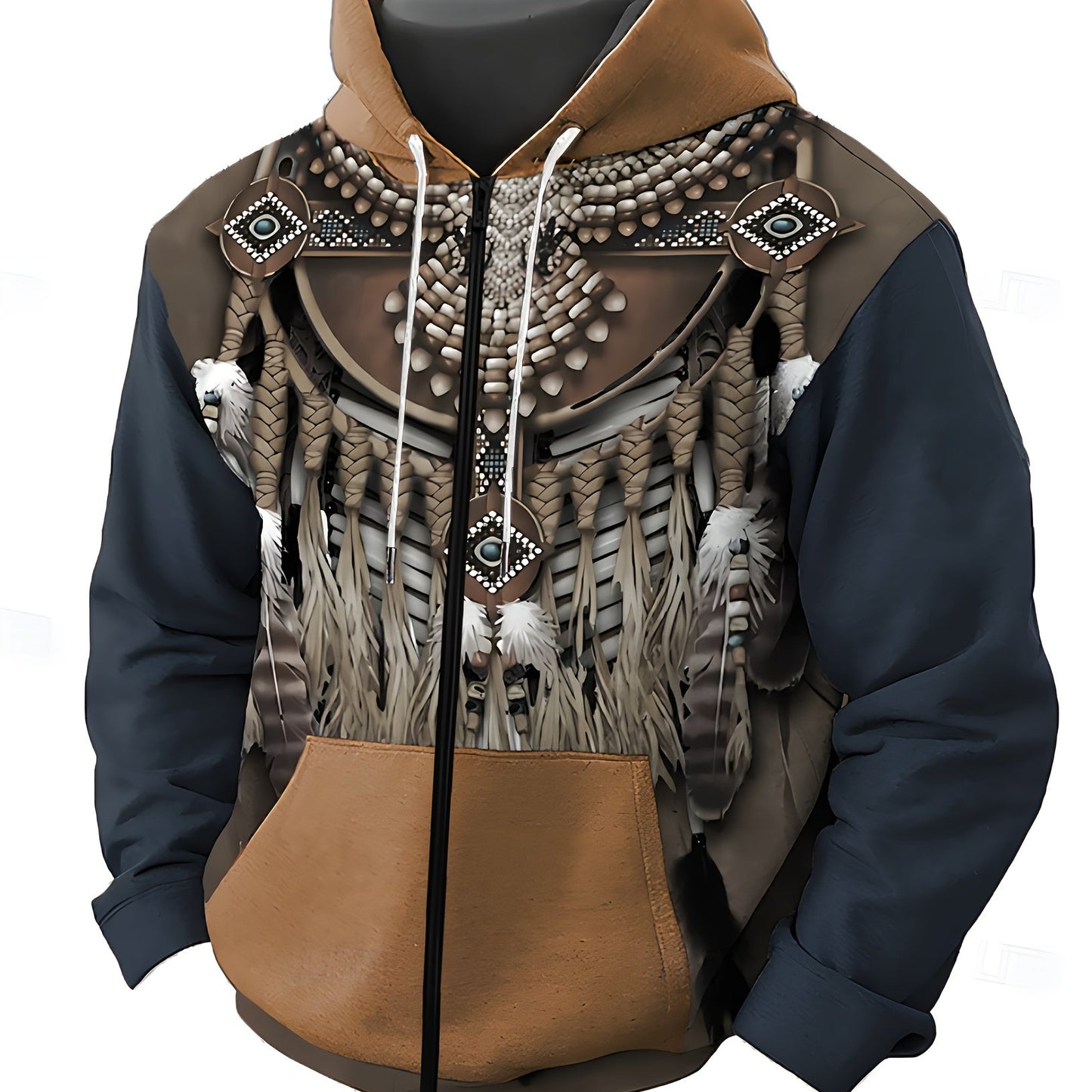 Men's casual zip-up hoodie with ethnic pattern print, kangaroo pocket, polyester fabric, slight stretch, regular fit, plus size.