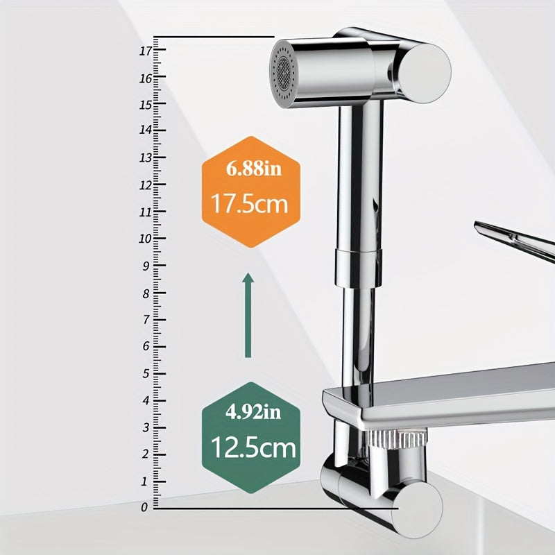 Universal rotating faucet made of 304 stainless steel with a 360° rotation tap, two water adjustment modes, splash-proof, and comes with two 60cm explosion-proof inlet hoses.