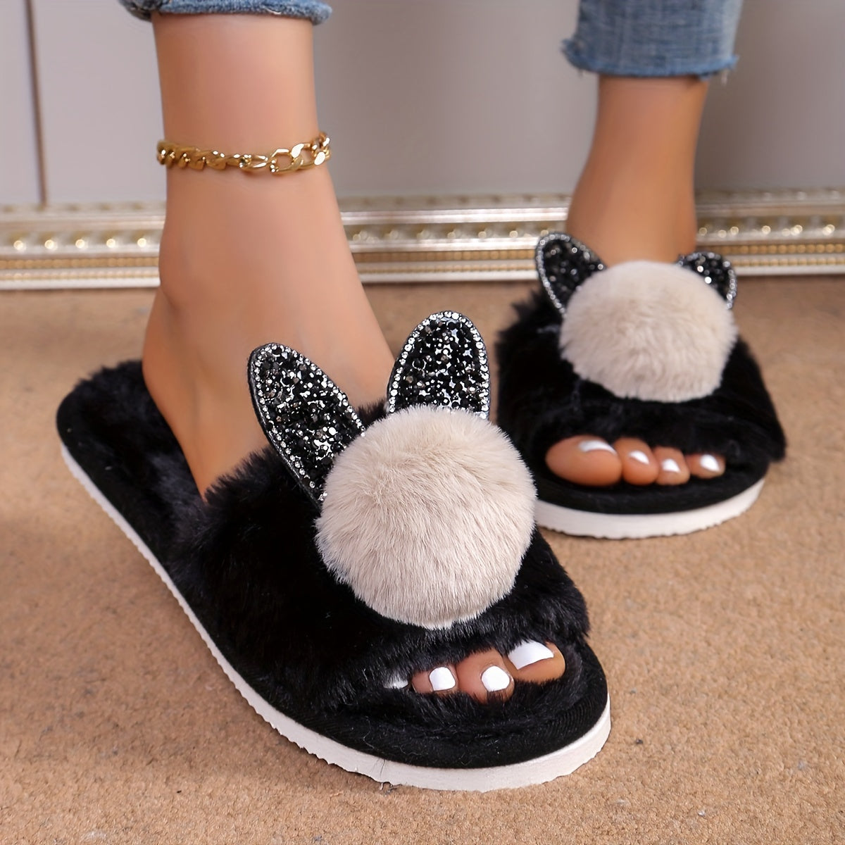 Women's Bunny Ears Glitter Slippers - All-Season Indoor House Shoes with Plush Furry Lining, EVA Sole, Soft Fabric Upper for Cozy Comfort