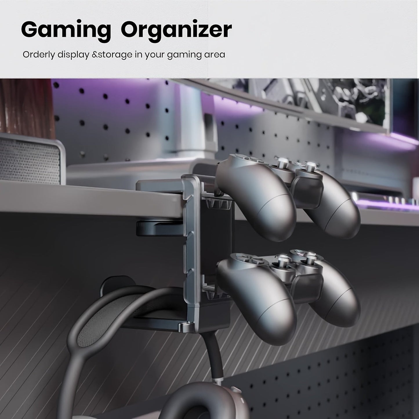 Black 3-in-1 Adjustable Gaming Headset and Controller Holder with Rotating Arm Clamp for PS5/Switch/Xbox. Features an Under Desk Stand and Cable Organizer Hook.