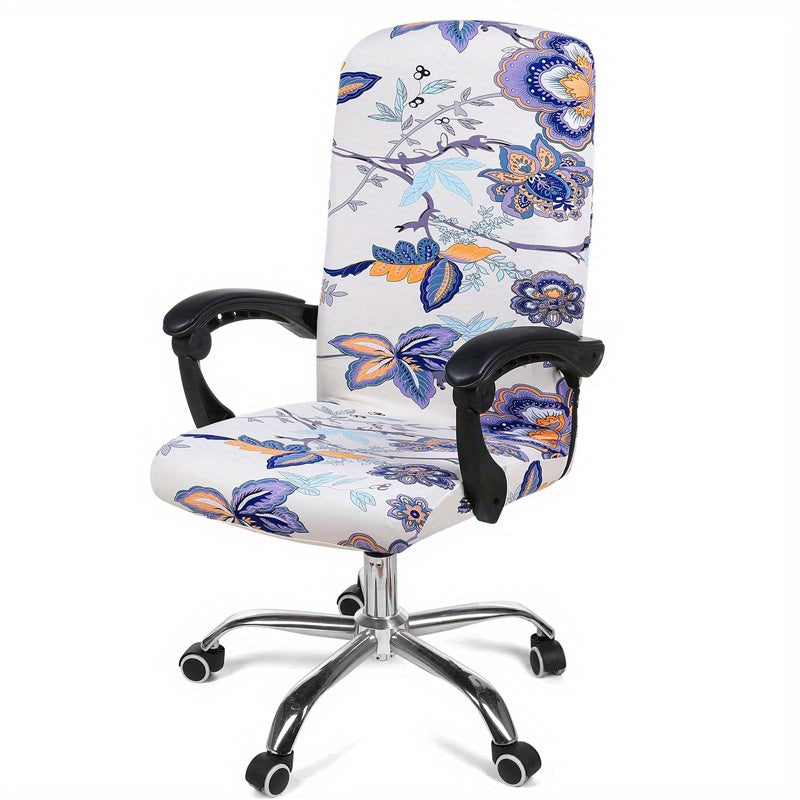 Elastic printed office chair cover with zipper, washable and dustproof for universal office rotating chairs. Perfect for bedroom, study, or office room decoration.