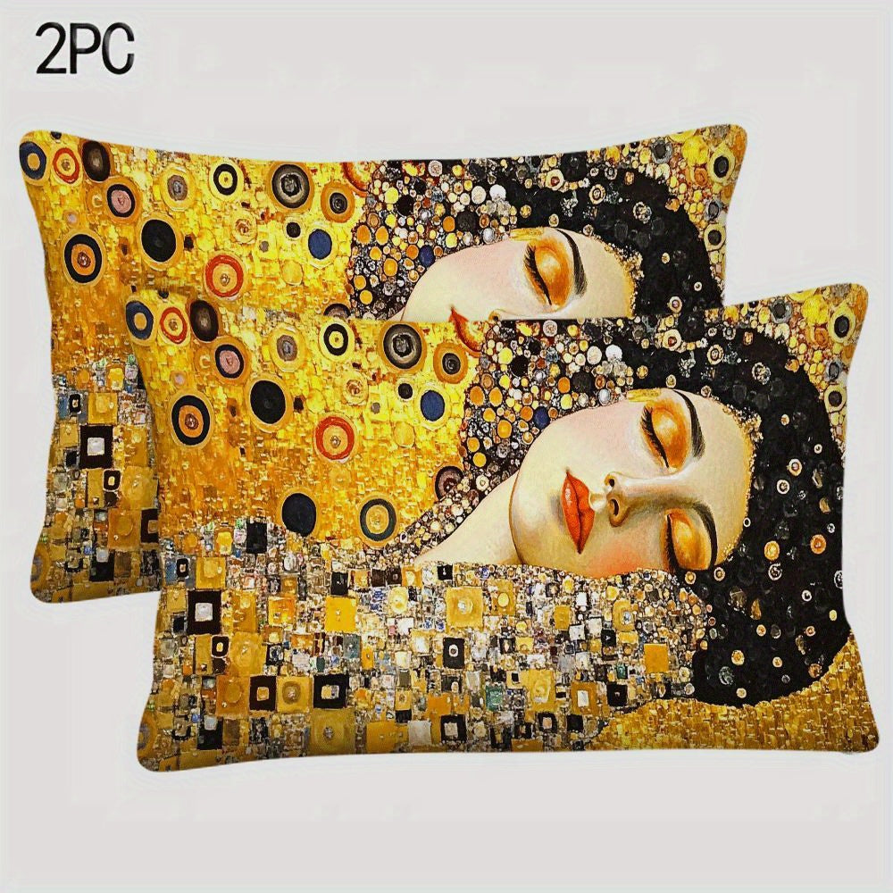 Set of 2 Gustav Klimt's Kiss Abstract Oil Painting Pillow Covers, measuring 50.8*30.48cm each. Perfect for adding a modern touch to neutral sofas, bedrooms, and living rooms. Great for camping, outdoor sofas, tents, and car accessories. (Pillow mats not