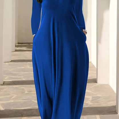 Plus Size Solid Color Maxi Dress with V Neck, Long Sleeves, Pocket.