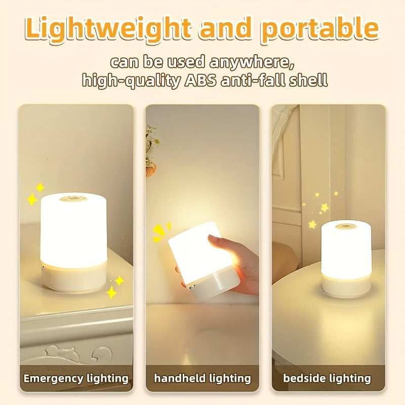 Adjustable LED bedside lamp with USB rechargeable battery. Touch control, 3 color temperatures. Perfect for reading, bedroom, study, living room, camping, and office.