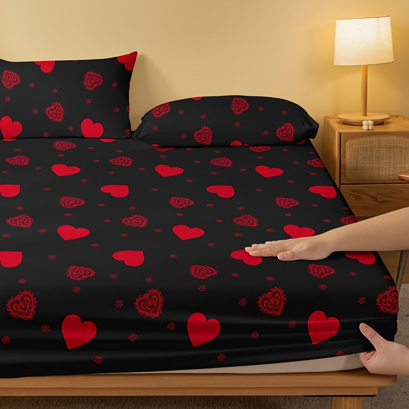 Brushed Fitted Sheet in Red Love Print, 1 Piece (Pillowcase Not Included). Soft and Comfortable Bedding Mattress Protector for Bedroom or Guest Room with Deep Pocket. Fitted Sheet Only.