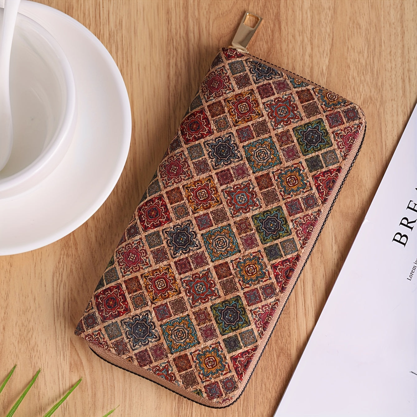 Women's vegan leather wallet with floral print, clutch coin purse, and faux wooden credit card holder.