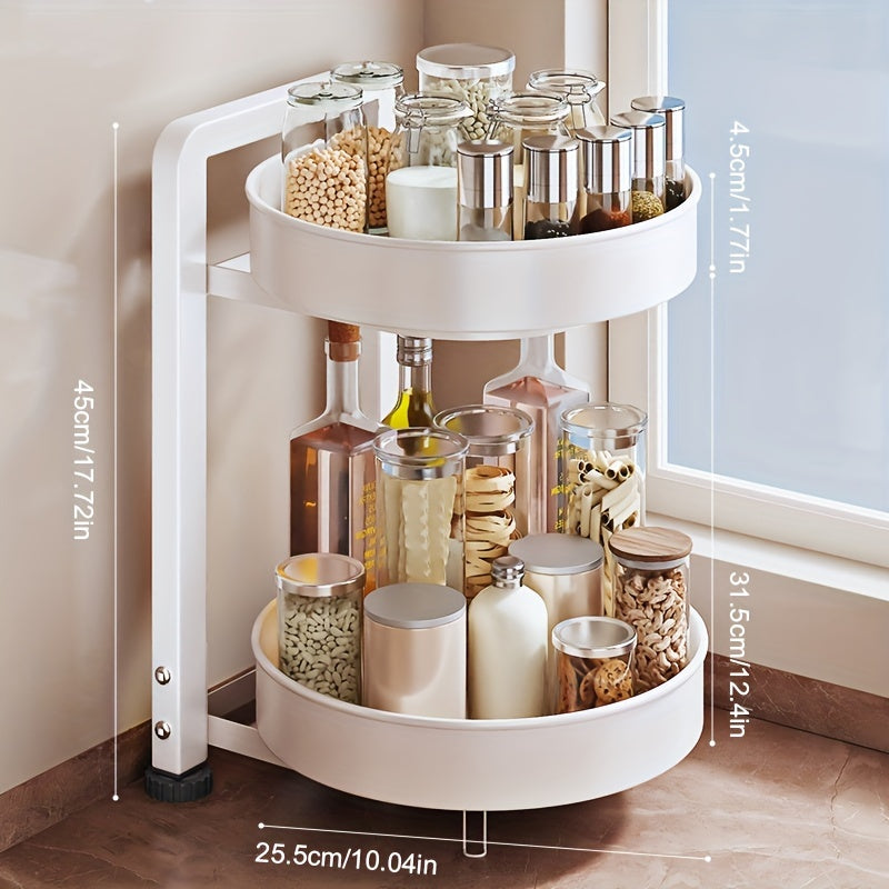 Rotating Kitchen Storage Rack for Seasonings and Condiments - Metal Organizer with Two Tiers and Powder-Coated Finish - Ideal for Jars and Sundries