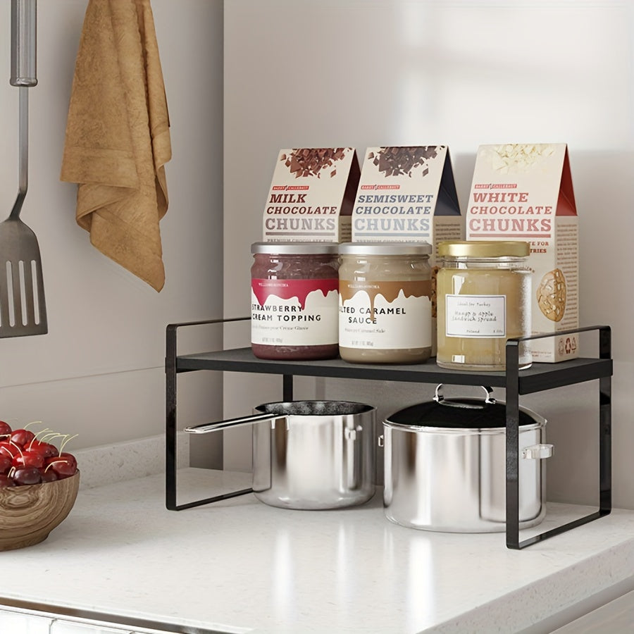 Multifunctional Double-Layer Kitchen Cabinet Rack made of Carbon Steel and ABS Material, Ideal for Seasoning, Soup Pots, Bowls, Countertop Storage.