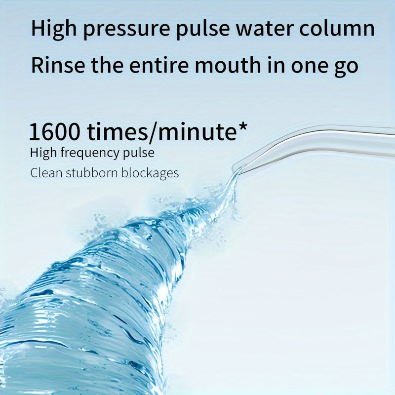 Wireless portable electric water flosser with 3 modes, large water tank. Comes with 1 main unit and 4 nozzles. Ideal for home or travel use.