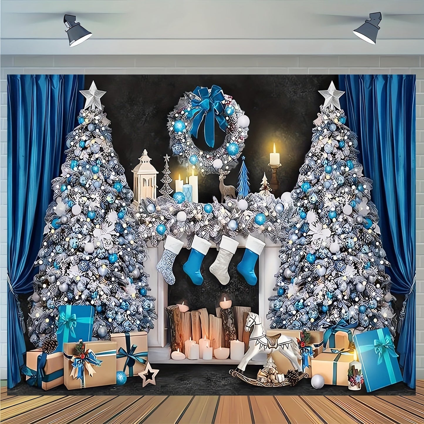 Retro Blue and White Christmas Mantelpiece Scene with Presents and Tree - Ideal for Photo Booths, Events & Decorating Your Home