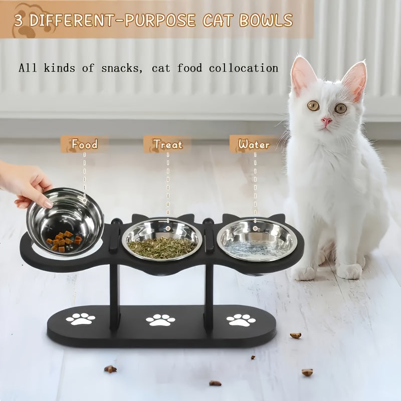 3-Tier Elevated Cat Feeder with Wood & Stainless Steel, Adjustable 15-Degree Angle, 3 Pet Food Bowls, Easy Assembly, Portable & Detachable for Cleaning, Ideal for Multiple Cats.