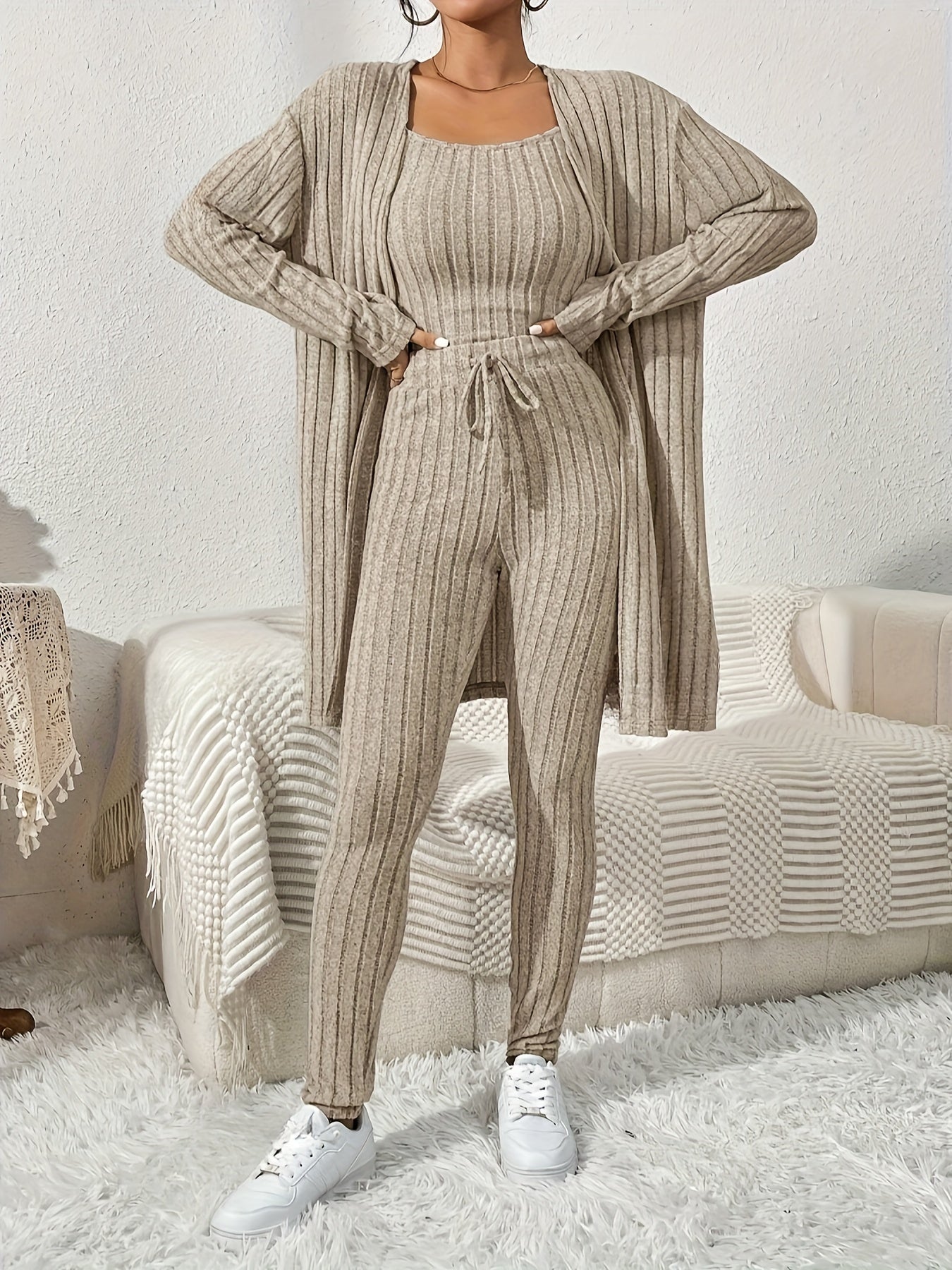 Fall and winter casual loungewear set for women, including a cardigan, camisole, and pants.