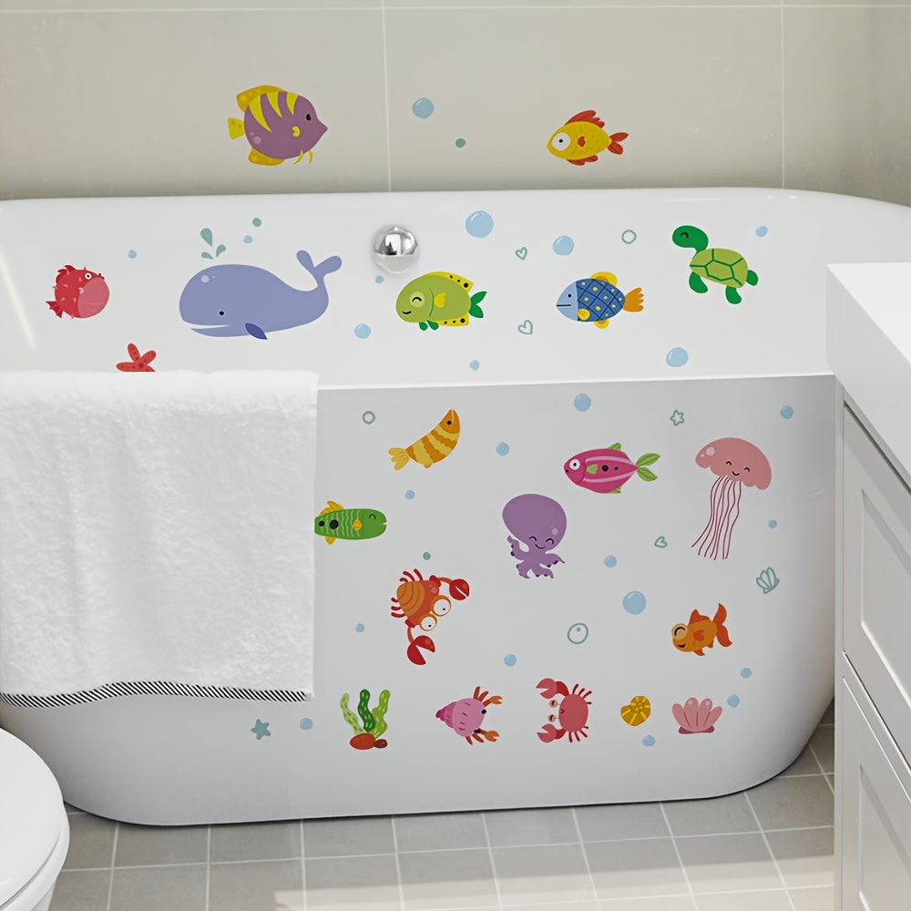 6 non-slip bathtub stickers with underwater animal patterns, frosted for bathroom safety.