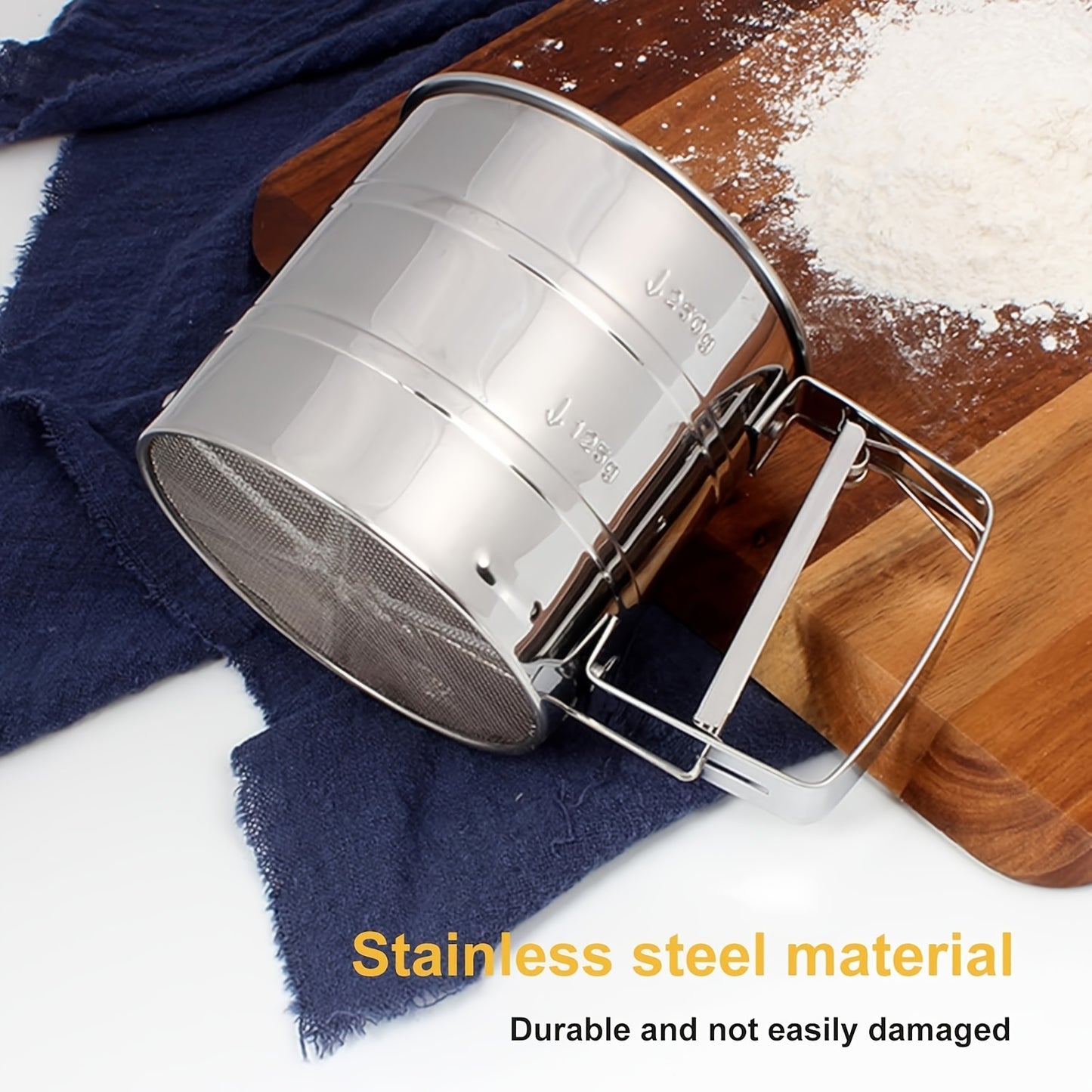 304 stainless steel flour sifter with double layer fine mesh for cooking and baking at home.