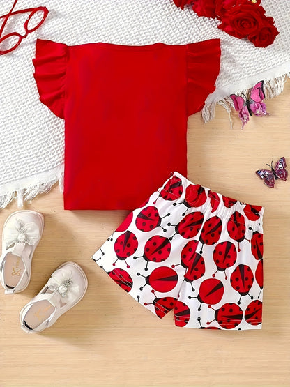 Adorable ruffled sleeve t-shirt and bow/ladybug shorts set for baby girls, ideal for casual outdoor wear this season.