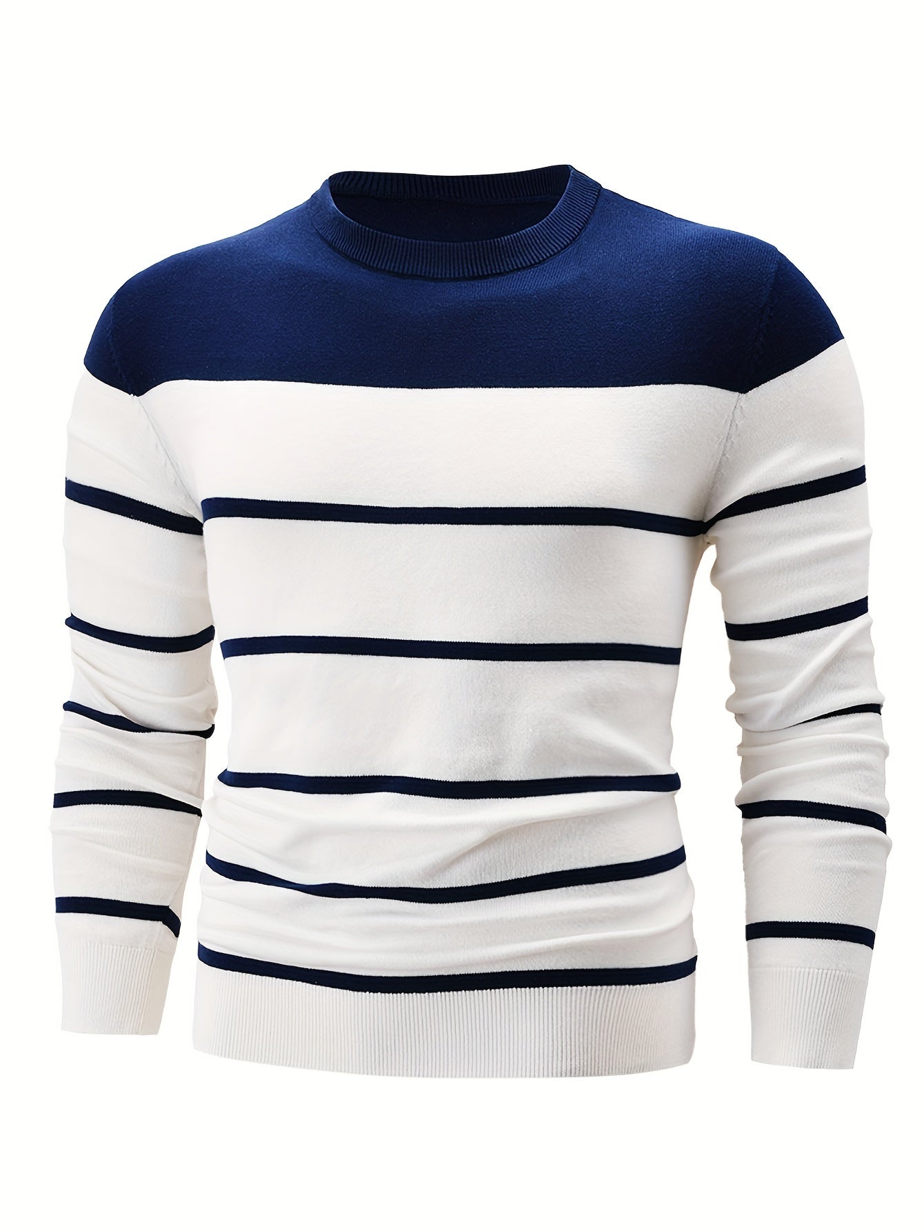 Men's striped crew neck sweater made of 100% cotton knit for casual fall/winter wear.