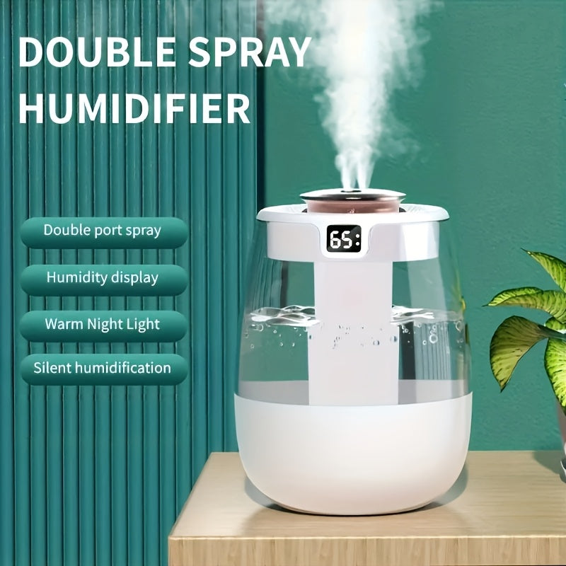 Large ultrasonic aromatherapy humidifier with USB power, silent operation, double spray modes, humidity display, warm night light, for home and office use, compatible with various room types.