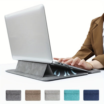 Leather laptop sleeve with stand, ergonomic and water-resistant, fits 13.3, 14.1 inch notebooks - solid pattern.