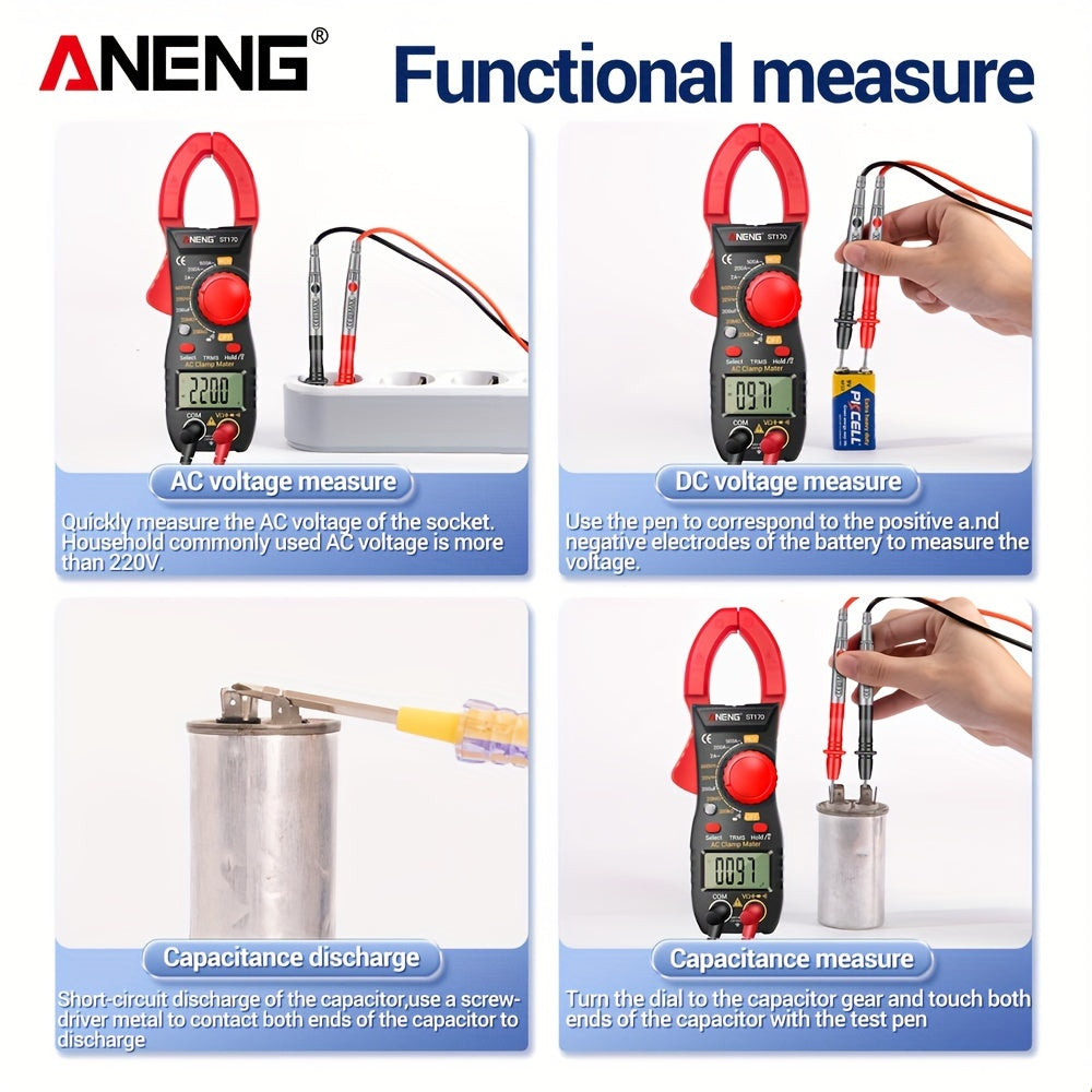 ANENG ST170 is a digital clamp meter with 500A AC current, 1999 counts, AC/DC voltage testing, Hz measurement, capacitance testing, non-contact voltage detection, resistance testing, and