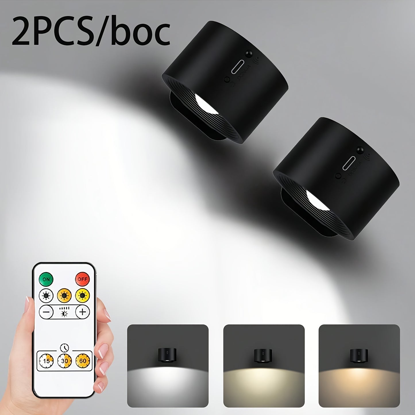 1 or 2 LED Wall Lights with rechargeable battery, adjustable brightness levels and color temperatures, touchpad control, USB charging, 360° rotatable magnetic ball, non-waterproof. Ideal