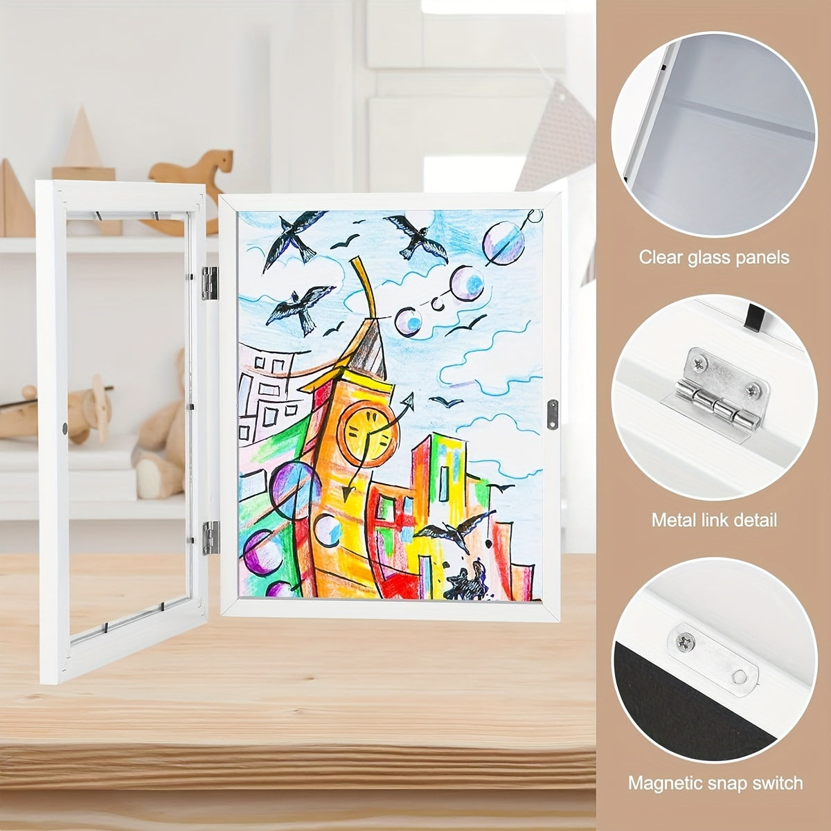 Two wooden wall-mounted flip frames with transparent glass and magnetic closure for displaying artwork, doodles, awards, and certificates in a classic style.