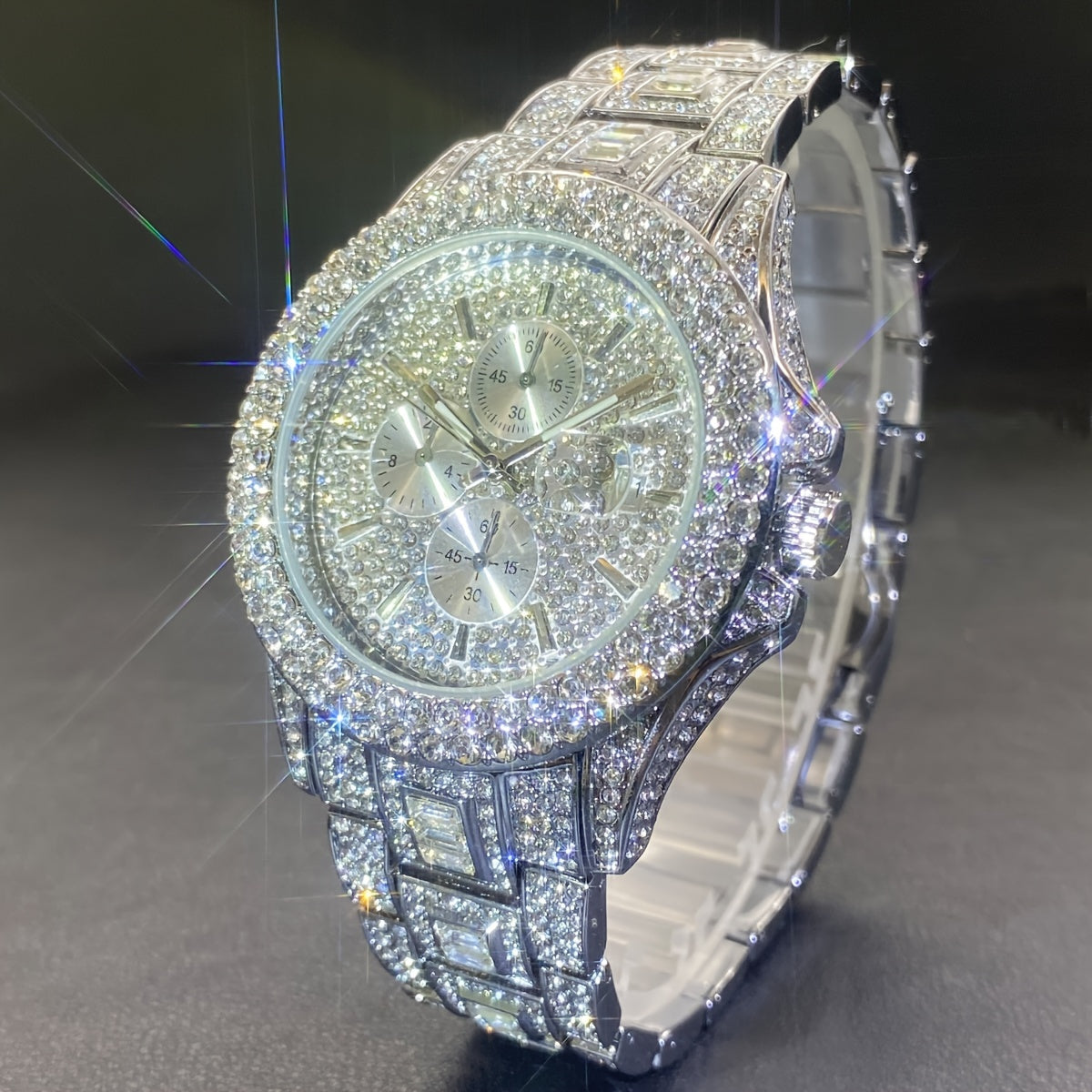 Luxurious men's MISSFOX dating watch with full diamond decoration on three small dials, featuring a golden ice-cool hip-hop style.