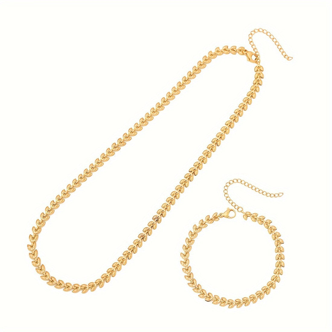 Stunning 18K Gold Plated Stainless Steel Wheat Sheaf Necklace Set for Women - Elegant Chain Necklace and Bracelet Duo perfect for Everyday Wear, a Romantic Valentine's Day Present, and Versatile for All Seasons