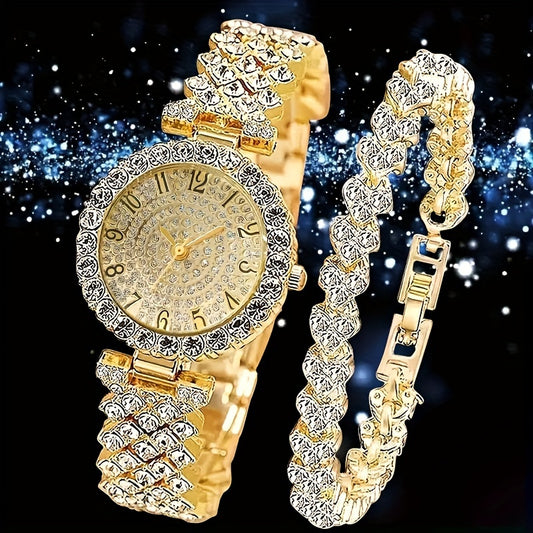 Set of 2 Ladies Quartz Watches, Golden Round Pointer Digital