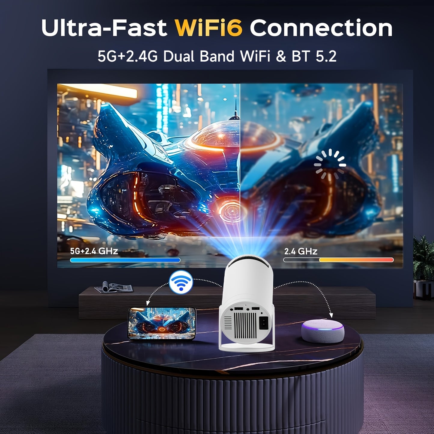 XYA Projector with WiFi6 & Wireless5.2, Portable Projector supports 1080P video decoding, Max 3.3m display zoom, 180° rotatable movie video home theater projector compatible with