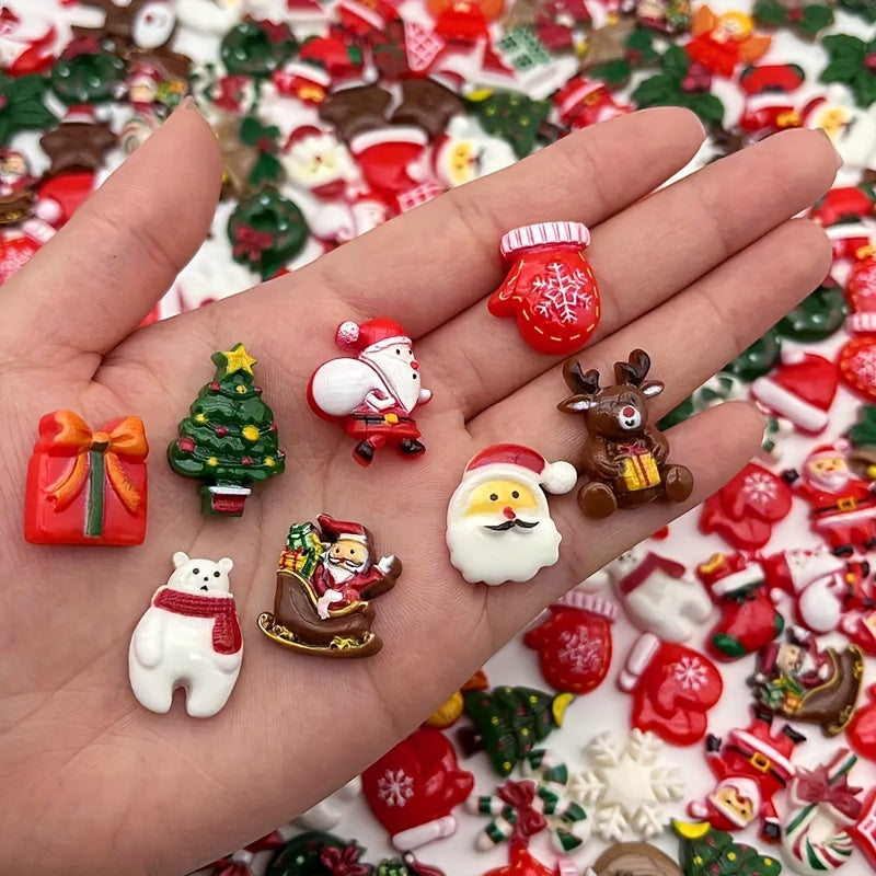 Set of 50 festive holiday-themed flatback charms perfect for DIY crafts and jewelry making. Includes adorable snowman, reindeer, and other seasonal decorations. Made of non-metallic, unplated material.