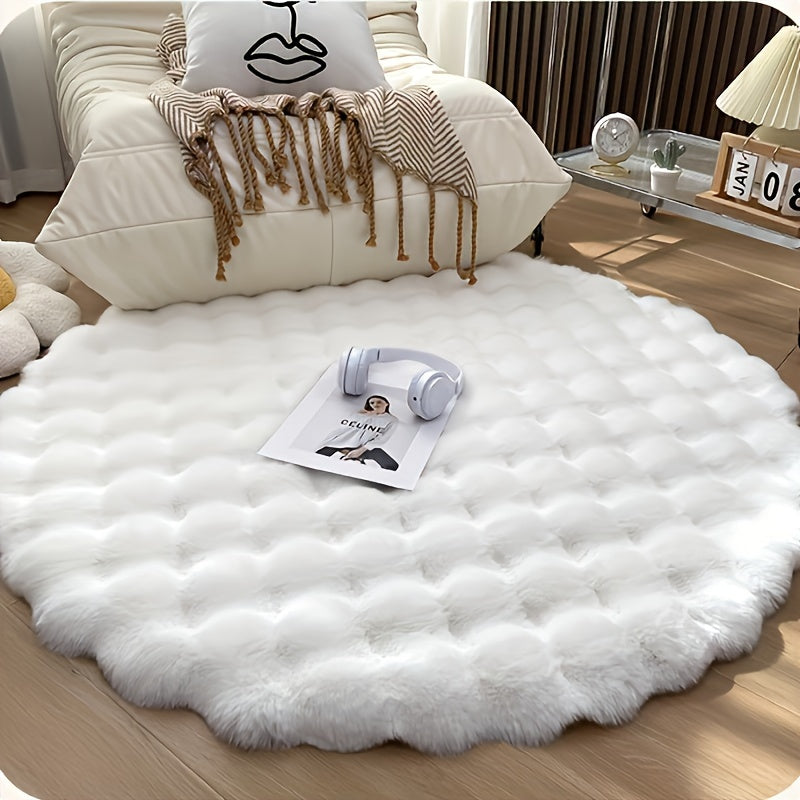 Elegant Plush Faux Rabbit Fur Circular Rug - Supremely Soft, Plush, and Warm, Easy-Care Polyester Blend, Anti-Skid Base, Ideal for Enhancing Living Room or Bedroom Décor - Contemporary Minimalist Design