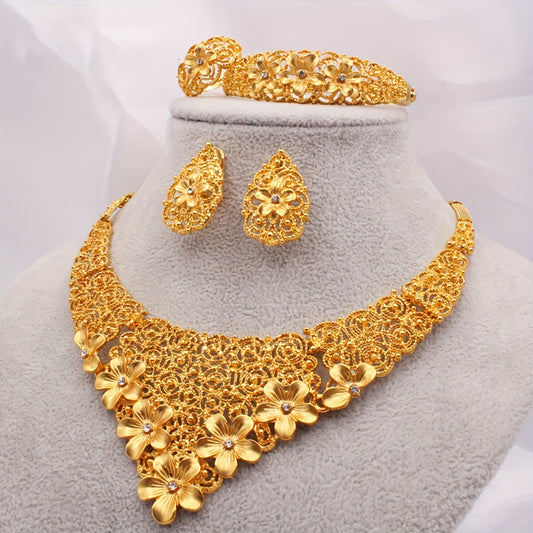 A Middle Eastern Dubai women's wedding jewelry set includes one necklace, one bracelet, one ring, and two earrings. This elegant European and American African bride wedding jewelry set features a necklace, bracelet, earrings, and a ring.