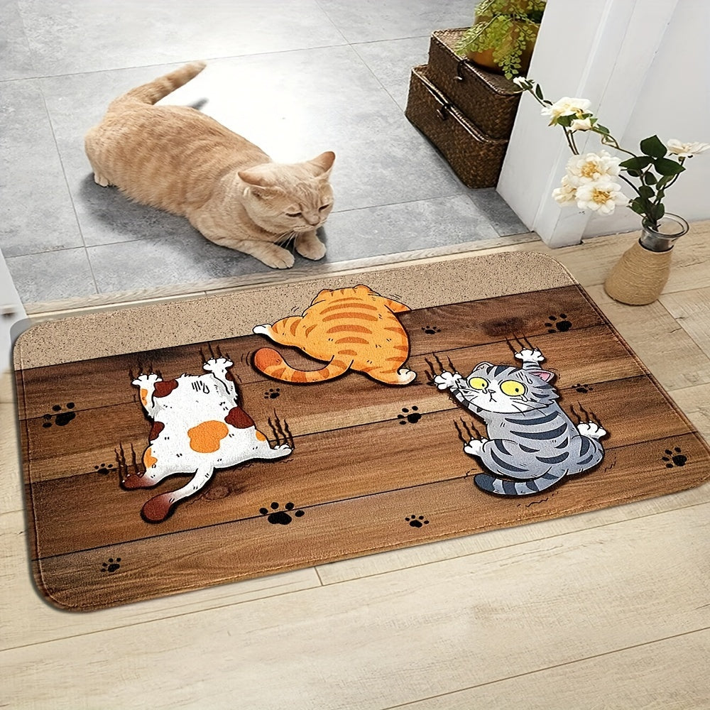 Add a fun touch to your home with this adorable Cartoon Kitten Escape Decorative Door Mat. Made of durable and stain-resistant knitted polyester, this lightweight mat is non-slip and machine washable. Perfect for the home entrance, bedroom, living room