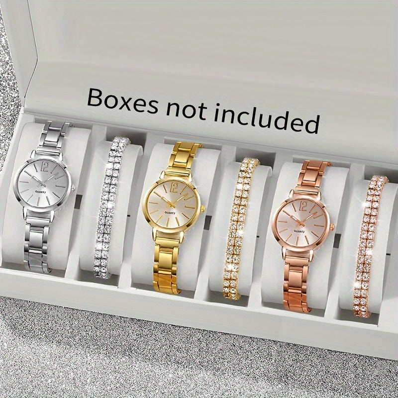 6pcs set of chic stainless steel quartz watch with rhinestone bracelet - ideal gift for Valentine's, Easter, birthdays, and more.