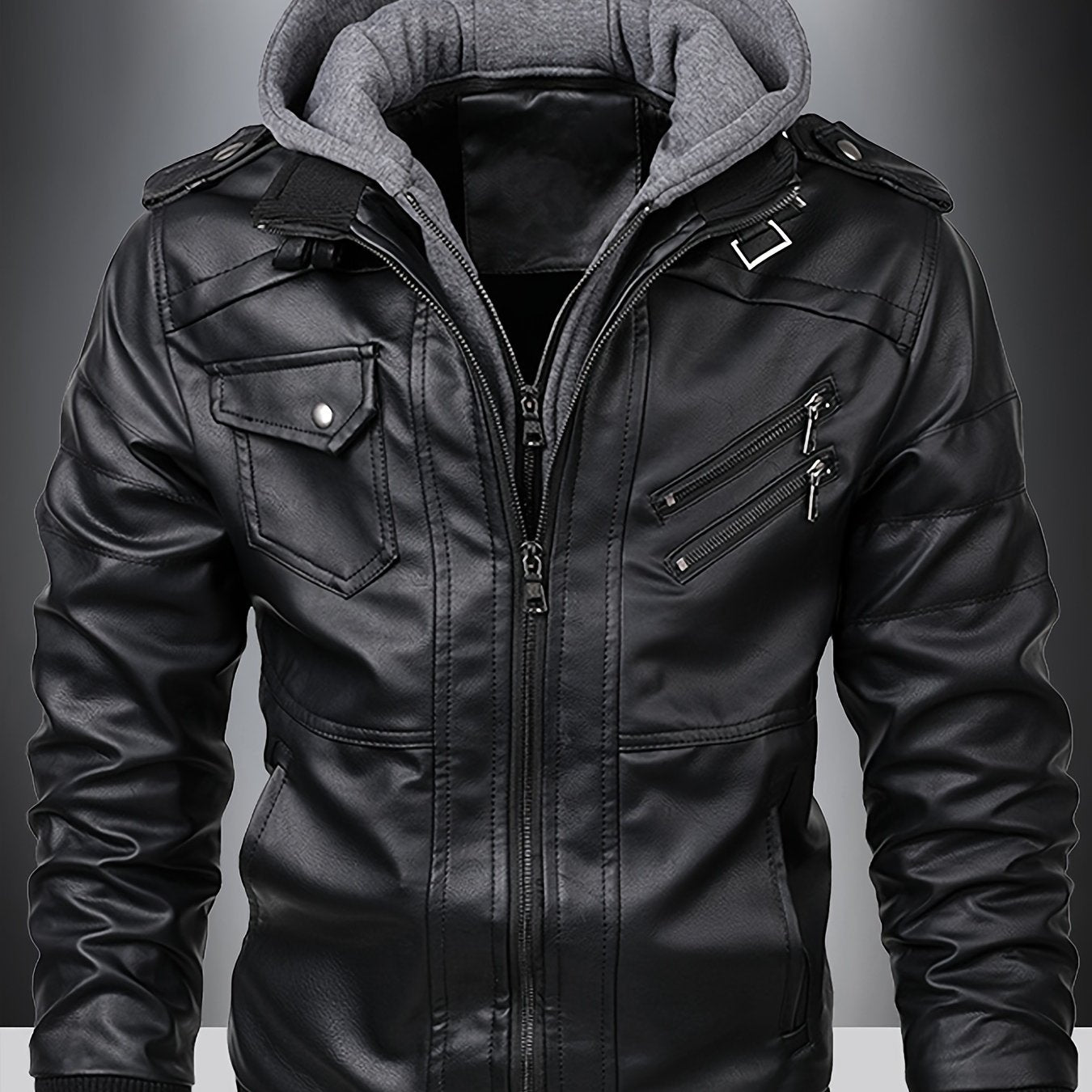 Men's Casual Hooded PU Leather Jacket in Warm Brown with Multiple Pockets, Loose Fit for Fall/Winter.