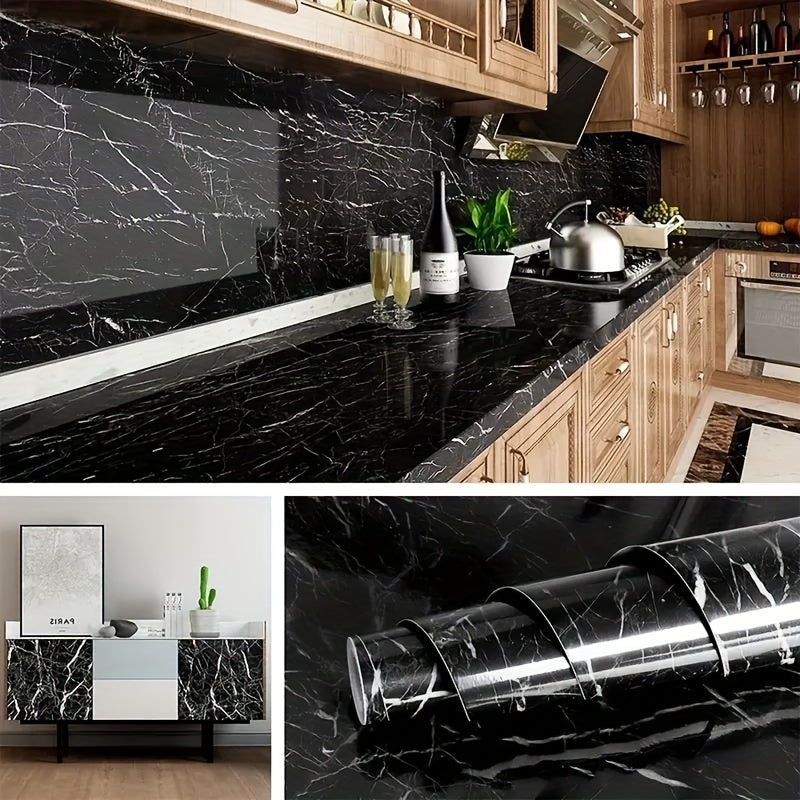 High-end Self-Adhesive Wallpaper in Black Marble - Resistant to Water, Oil, and Heat, Effortless Peel & Stick for Kitchen, Furniture, and DIY Projects.