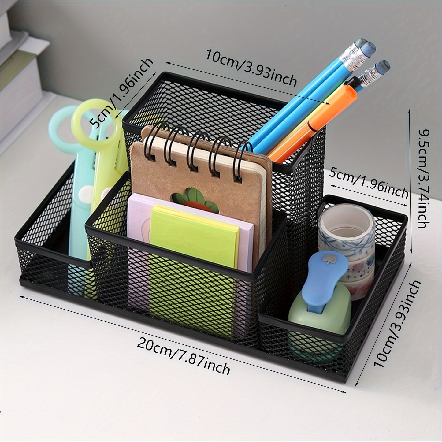 Metal mesh desk organizer with 4 compartments for office supplies, including pen holder.