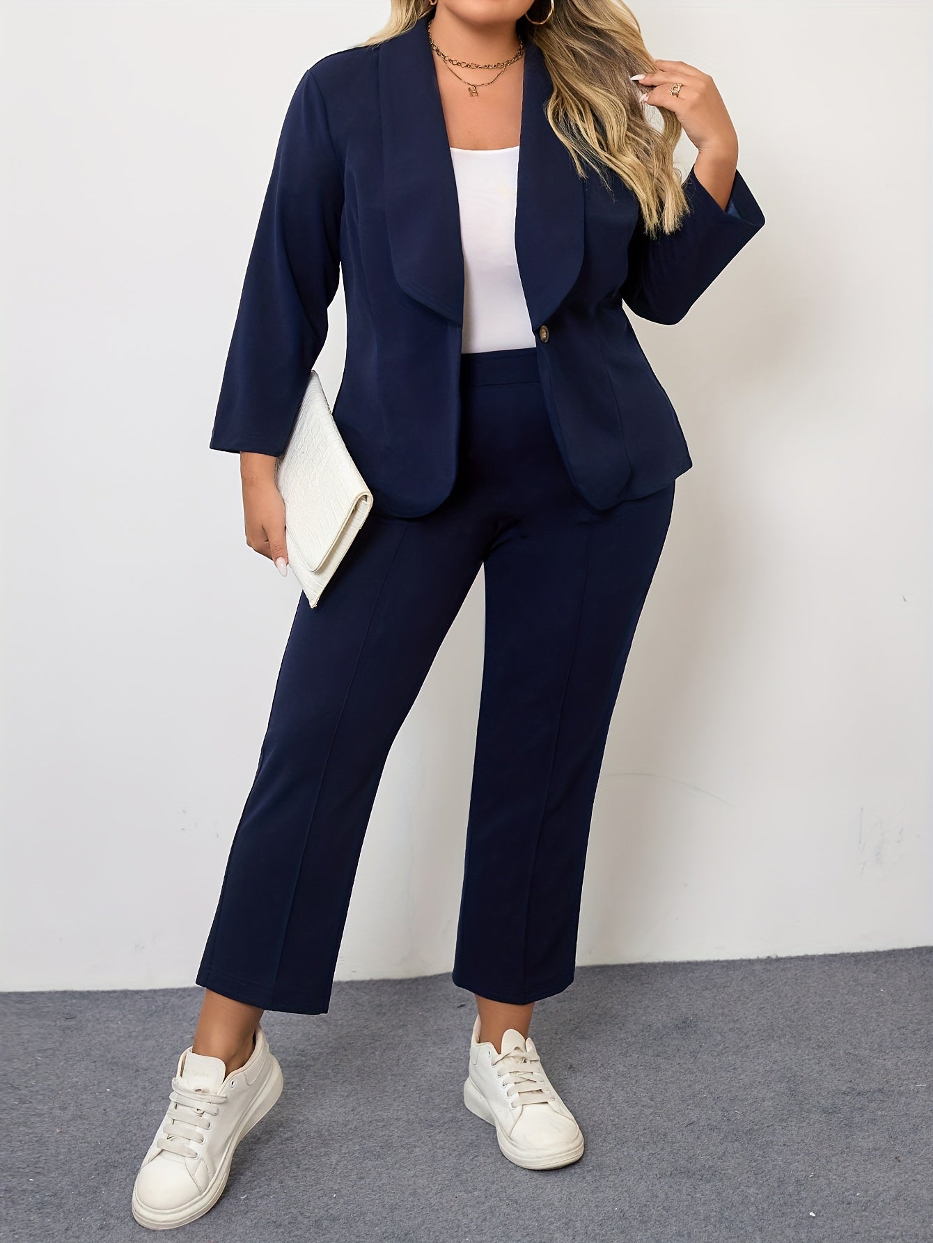 Chic Plus Size Solid Blazer & Pants Set - Stretchy, Machine Washable, Versatile Year-round