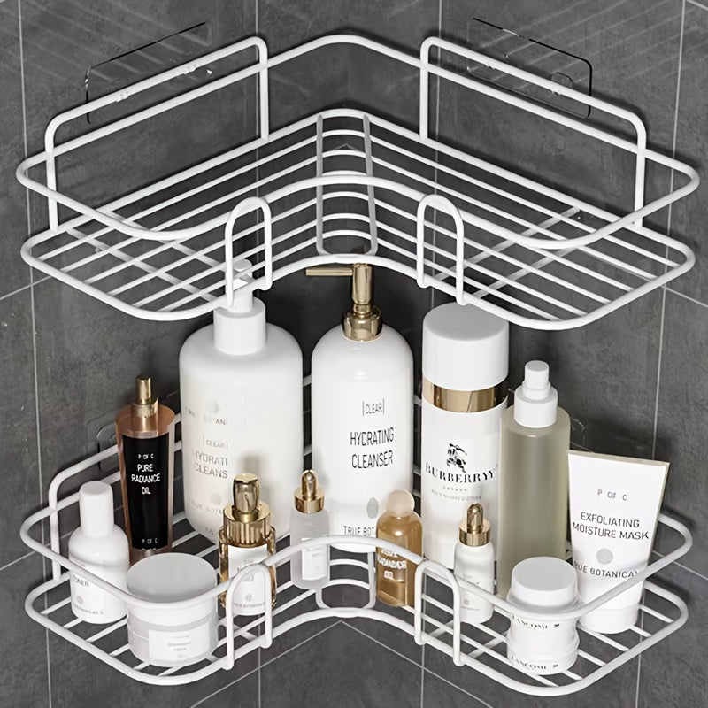 No-drill corner shower caddy made of rust-resistant wrought iron for bathroom storage.