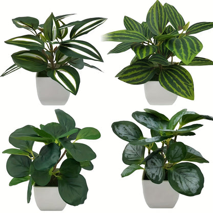 4-piece set of realistic artificial greenery in white pots, featuring watermelon leaf design. Perfect for home and office decor, including festive and garden decorations.