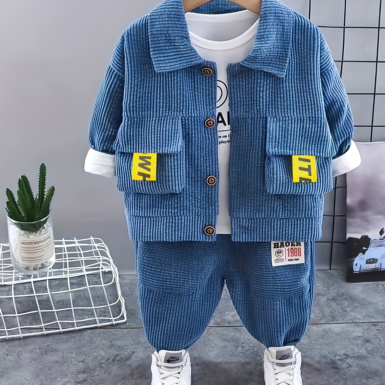 Boys' 3-piece outfit set includes white t-shirt, corduroy casual top, jogger pants with blazer jacket. Made of cotton blend fabric, ideal for spring/autumn outdoor activities.