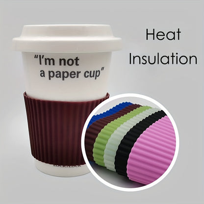 Silicone coffee cup sleeve with Hawaiian stripe pattern, heat insulation, non-slip, BPA-free, reusable, machine washable, for adult use.