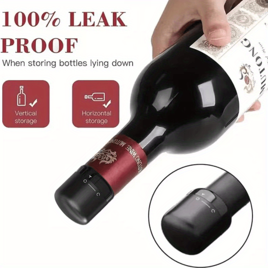 Black rotating wine stopper prevents leaks from red wine bottles, preserves freshness in kitchen and dining.