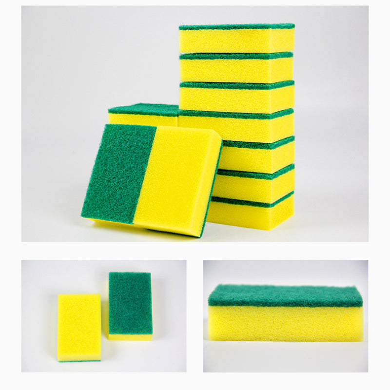 25 pieces of heavy-duty dual-sided scrub sponges in yellow and green colors. Made from durable polyester, perfect for cleaning kitchen, bathroom, and other surfaces. Ideal for non-coated porcelain and bakeware cleaning.