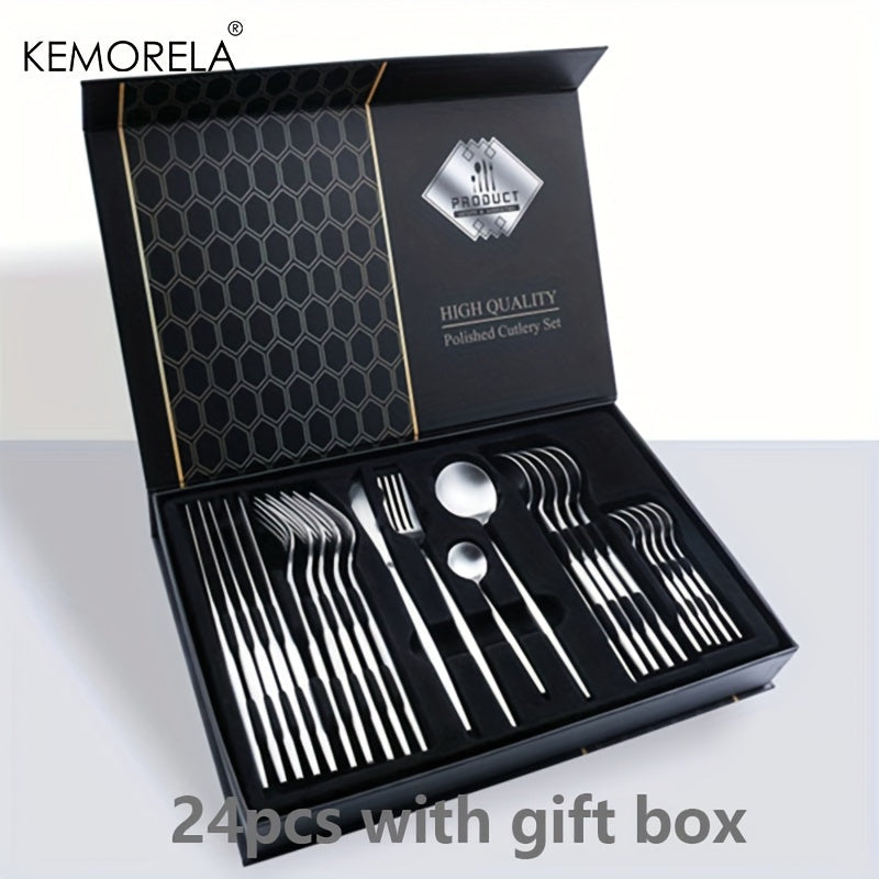 24-piece luxury stainless steel cutlery set, dishwasher safe.