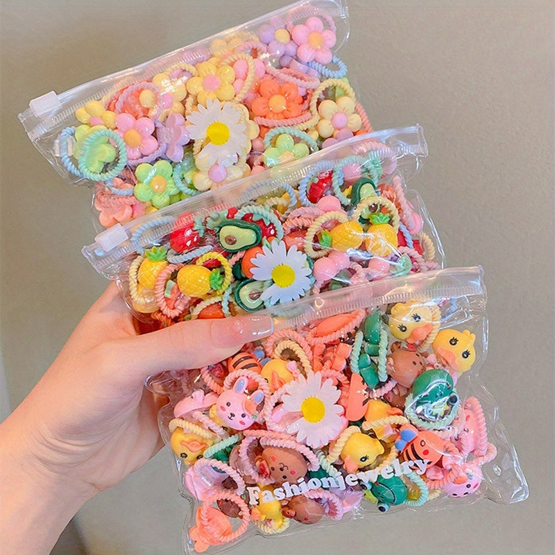 20-pack of adorable flower hair ties for women and girls, featuring fruit and animal details, made from plastic material, versatile for various hairstyles.