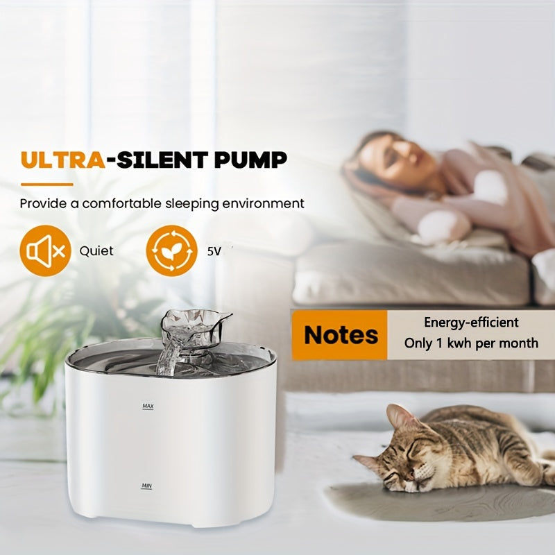 Cat Water Fountain with Ultra-Silent Pump, Fresh Filtered Water, Large Capacity, USB Powered, No Battery Needed.