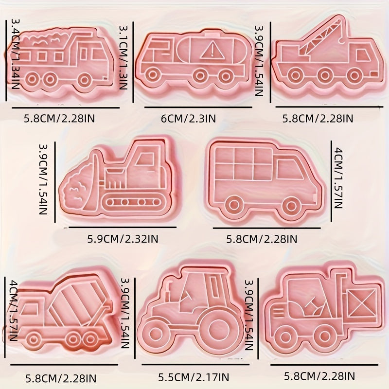 Set of 8 Construction Vehicles Cookie Cutters with Engineering Cookie Embosser, Pastry Cutter Set, Biscuit Molds, Baking Tools, and Kitchen Accessories.