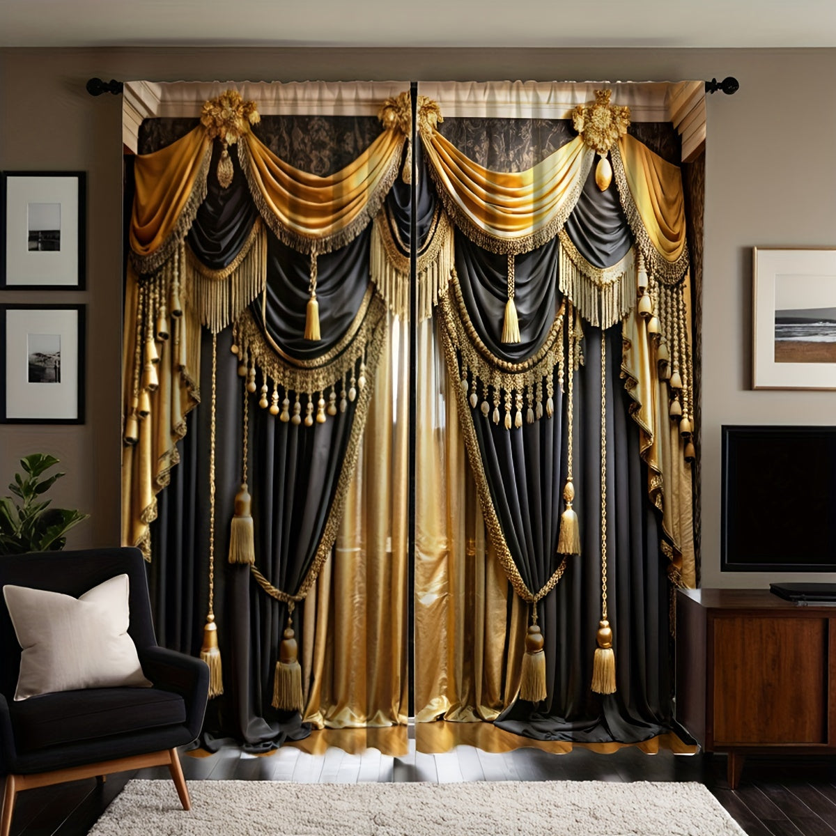 2pc Luxurious Black & Golden Valance Curtains with Elegant Rod Pocket Design, Semi-Transparent Polyester Fabric. Machine washable, perfect for living rooms or bedrooms. Ideal for study room